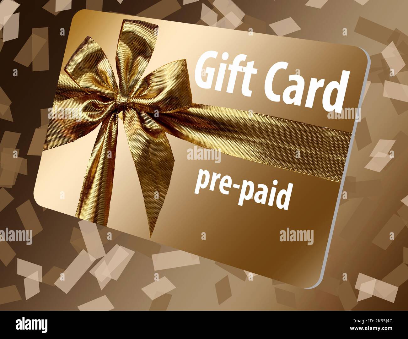 A pre-paid gift card is seen here. It is gold with a gold ribbon design on the front. Confetti is seen falling in the background of the 3-d illustrati Stock Photo