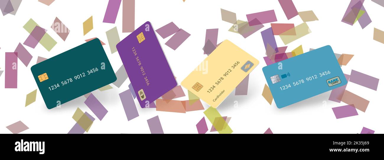 Four mock generic credit cards are seen floating over a white background as confetti falls in a 3-d illustration. Text area available on the cards and Stock Photo