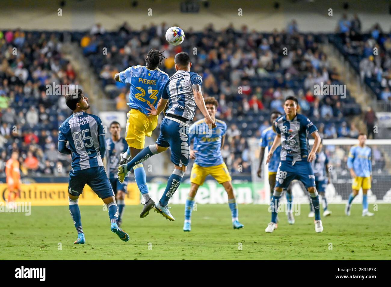 Chester, PA USA. 24th Sep - Philadelphia Union forward Nelson Pierre goes up for a header. Photo by Don Mennig - Alamy Live News Stock Photo