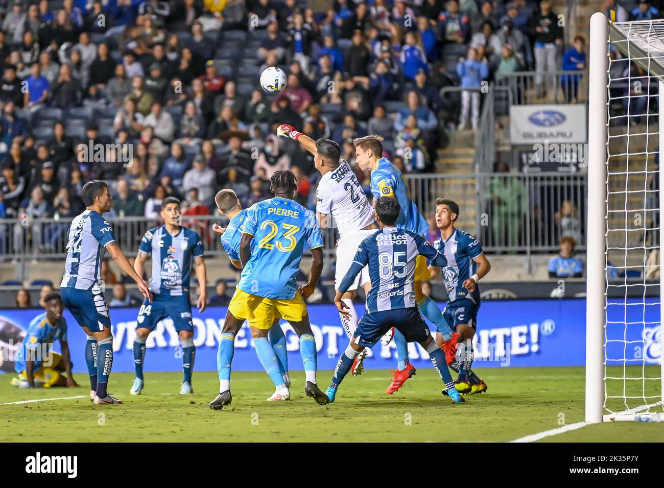 Chester, PA USA. 24th Sep - Pachuca goalie Carlos Moreno punches the ball away. Photo by Don Mennig - Alamy Live News Stock Photo