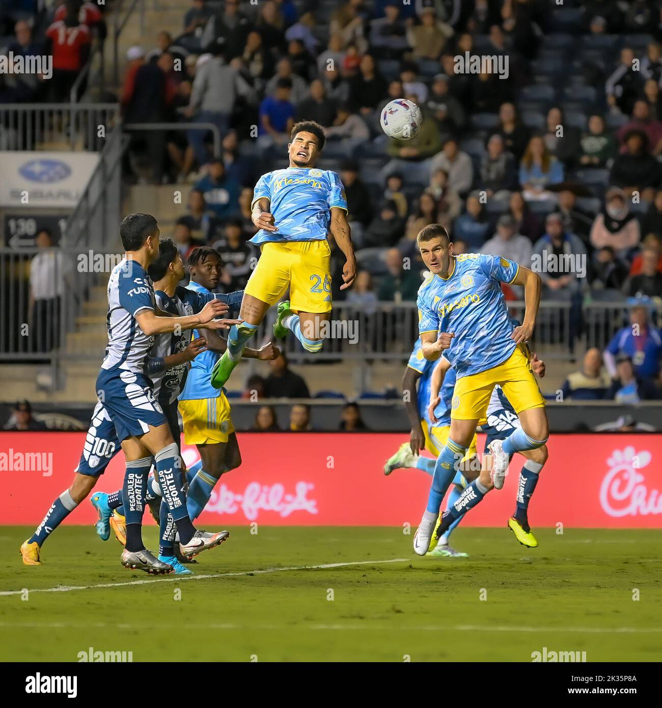 Chester, PA USA. 24th Sep - Philadelphia Union defender wins a header on a corner kick and scores the game winning goal. Photo by Don Mennig - Alamy Live News Stock Photo