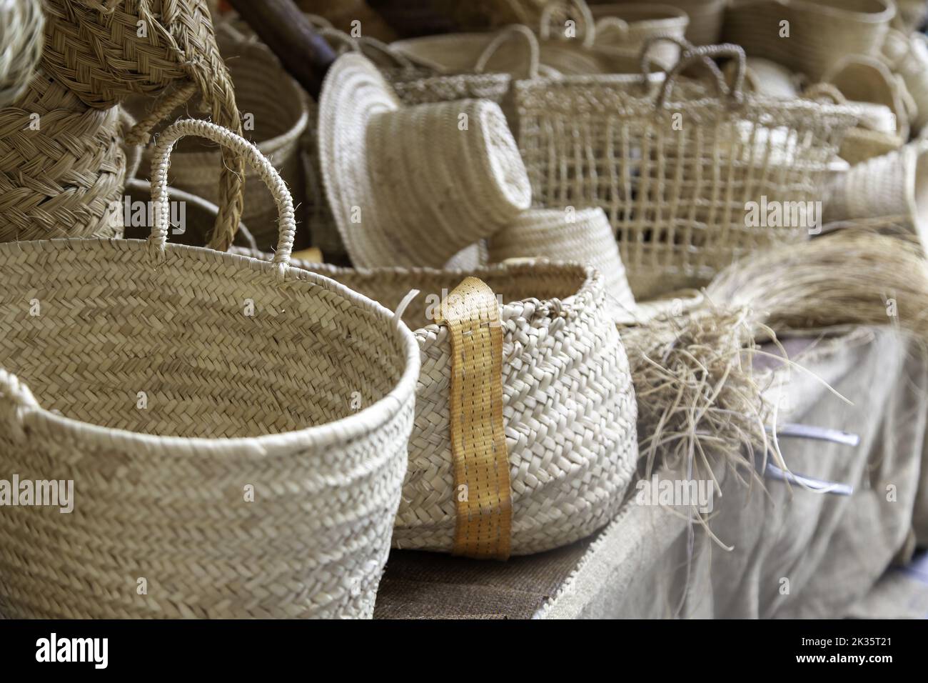 Detail of baskets and objects made with wicker, traditional market Stock Photo