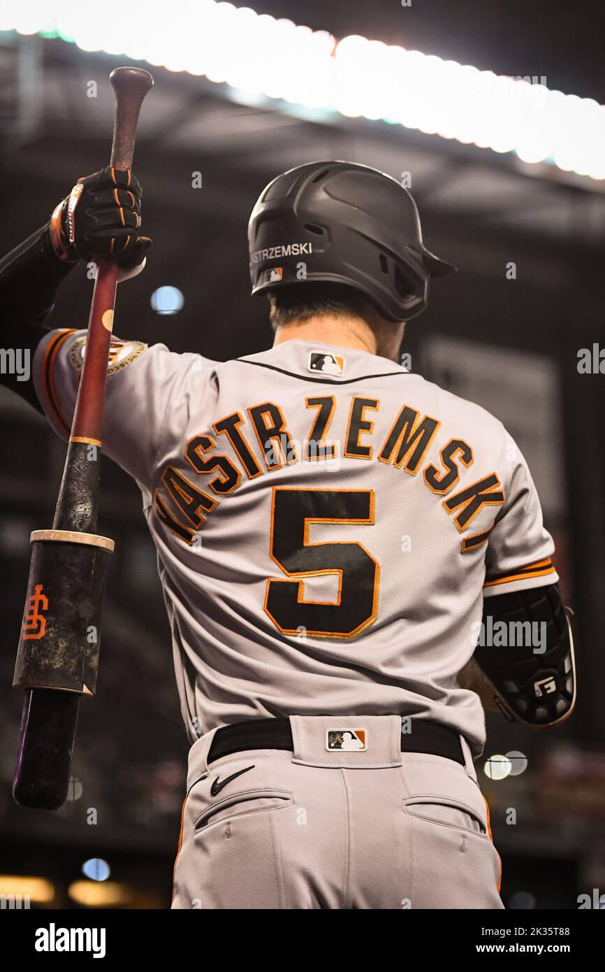 San Francisco Giants right fielder Mike Yastrzemski (5) stands in the on-deck circle in the first inning of an MLB baseball game against the Arizona D Stock Photo