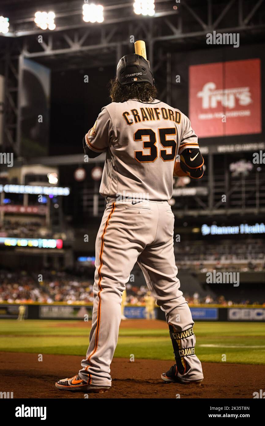 San Francisco Giants shortstop Brandon Crawford (35) stands in the on-deck circle in the fourth inning of an MLB baseball game against the Arizona Dia Stock Photo