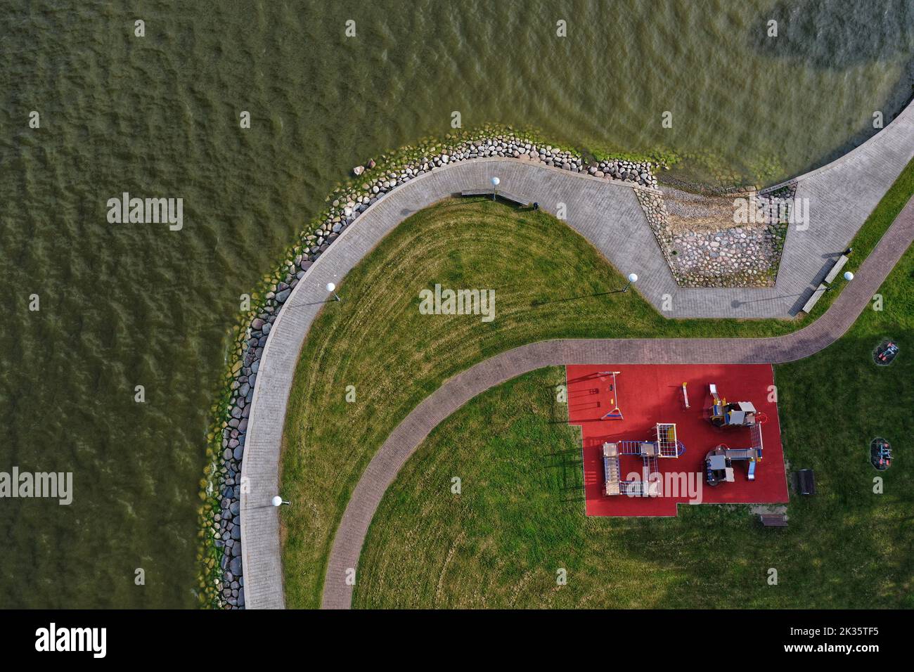 Playground and sports field by the sea lagoon, aerial view, Lithuania Stock Photo