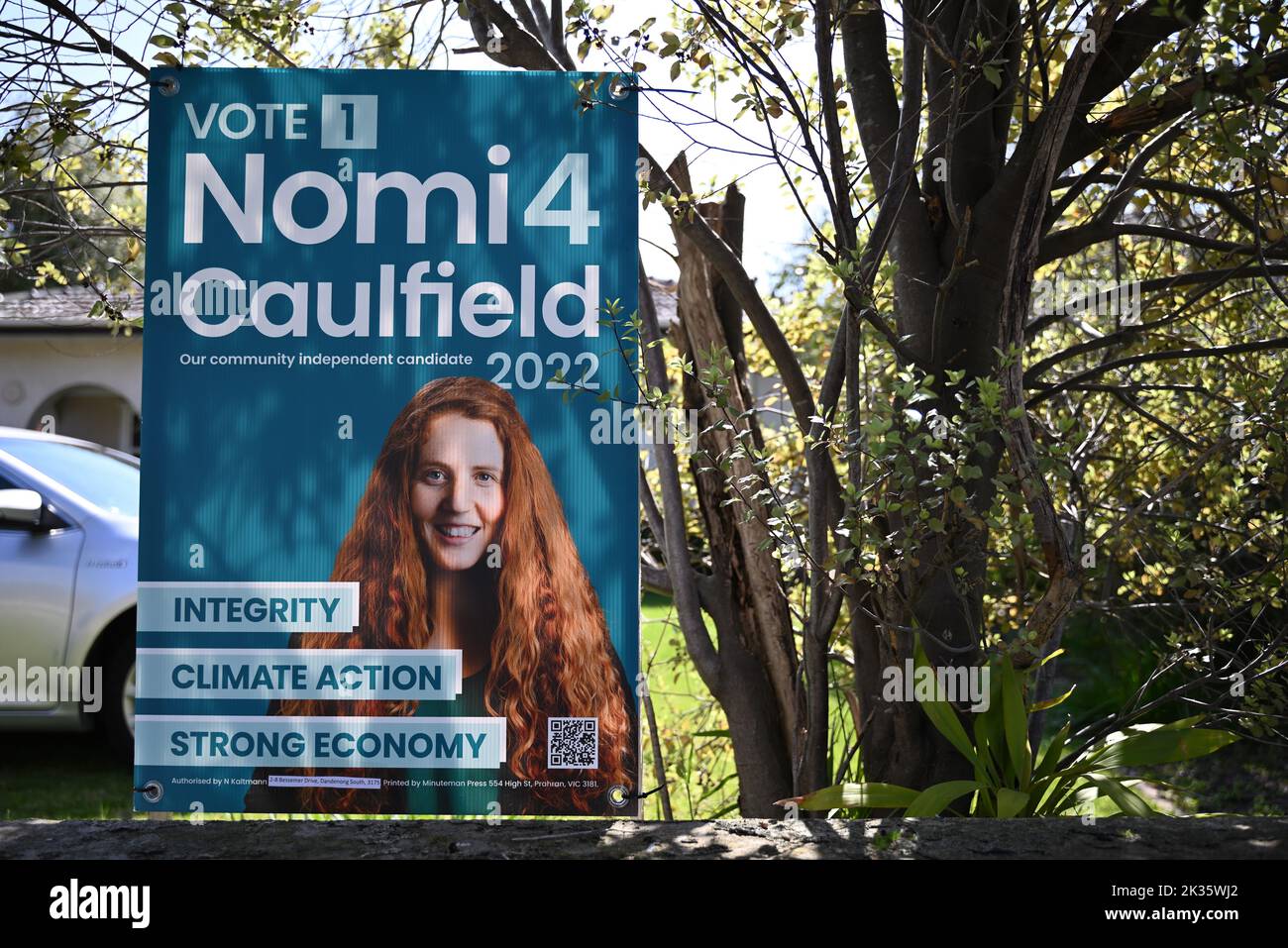 Campaign sign for teal independent candidate Nomi Kaltmann, running for the seat of Caulfield at the upcoming Victorian state election Stock Photo