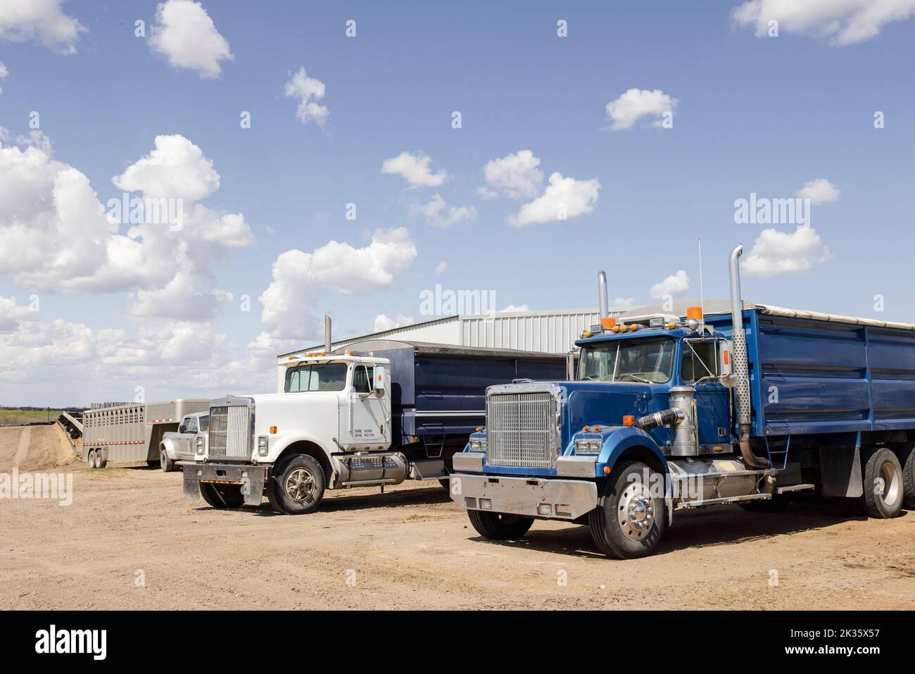Tractor trailer semi trucks parked on sunny farm Stock Photo Alamy