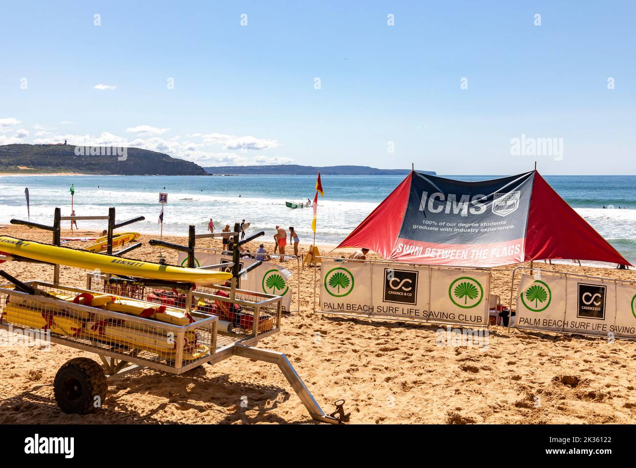 Palm Beach surf life saving club and shade cover tent on Palm Beach,spring day 2022,Sydney,NSW,Australia Stock Photo