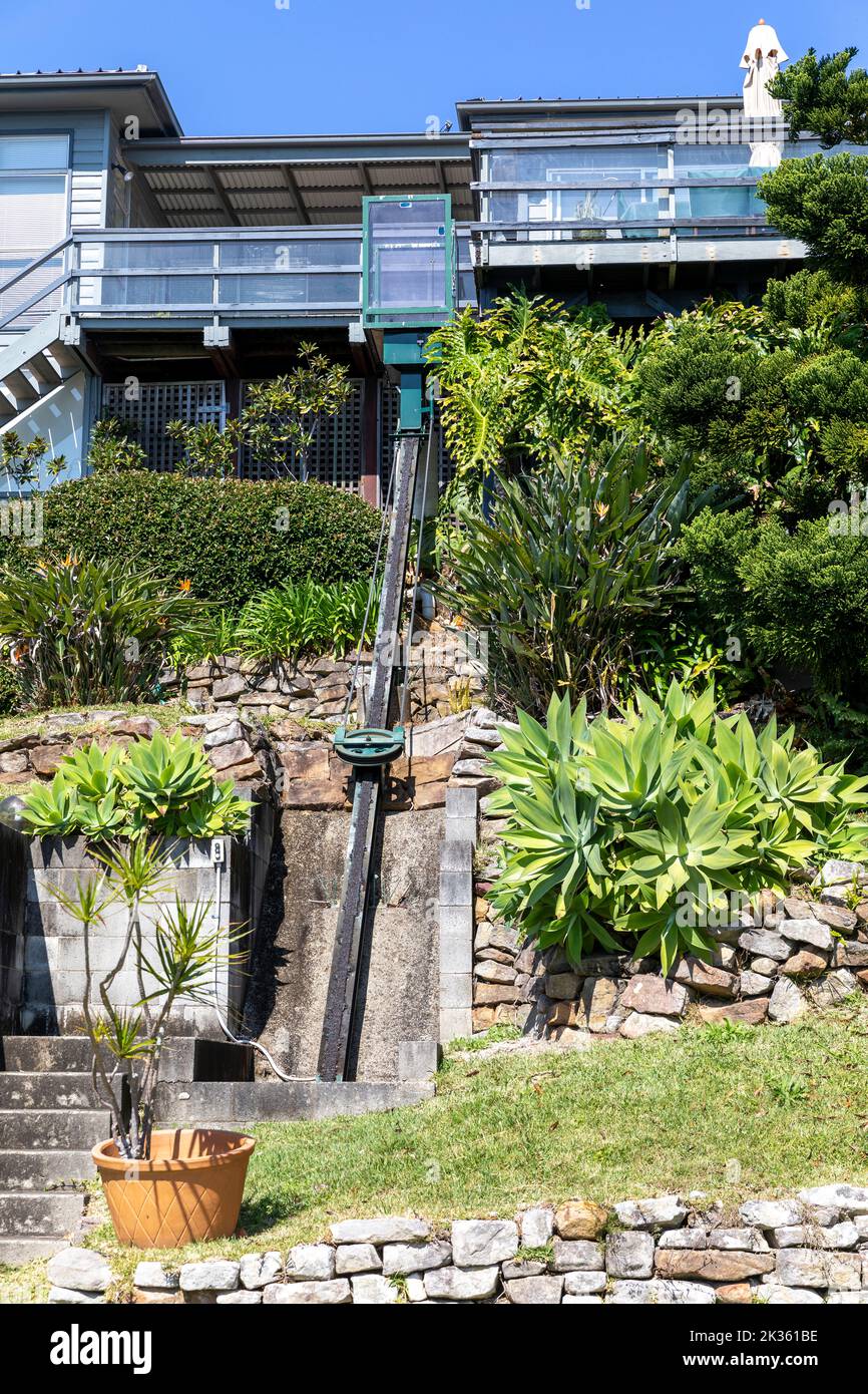 Whale Beach suburb in Sydney, external travelator lift to give access to the house at the top of the hill,Sydney,NSW,Australia Stock Photo