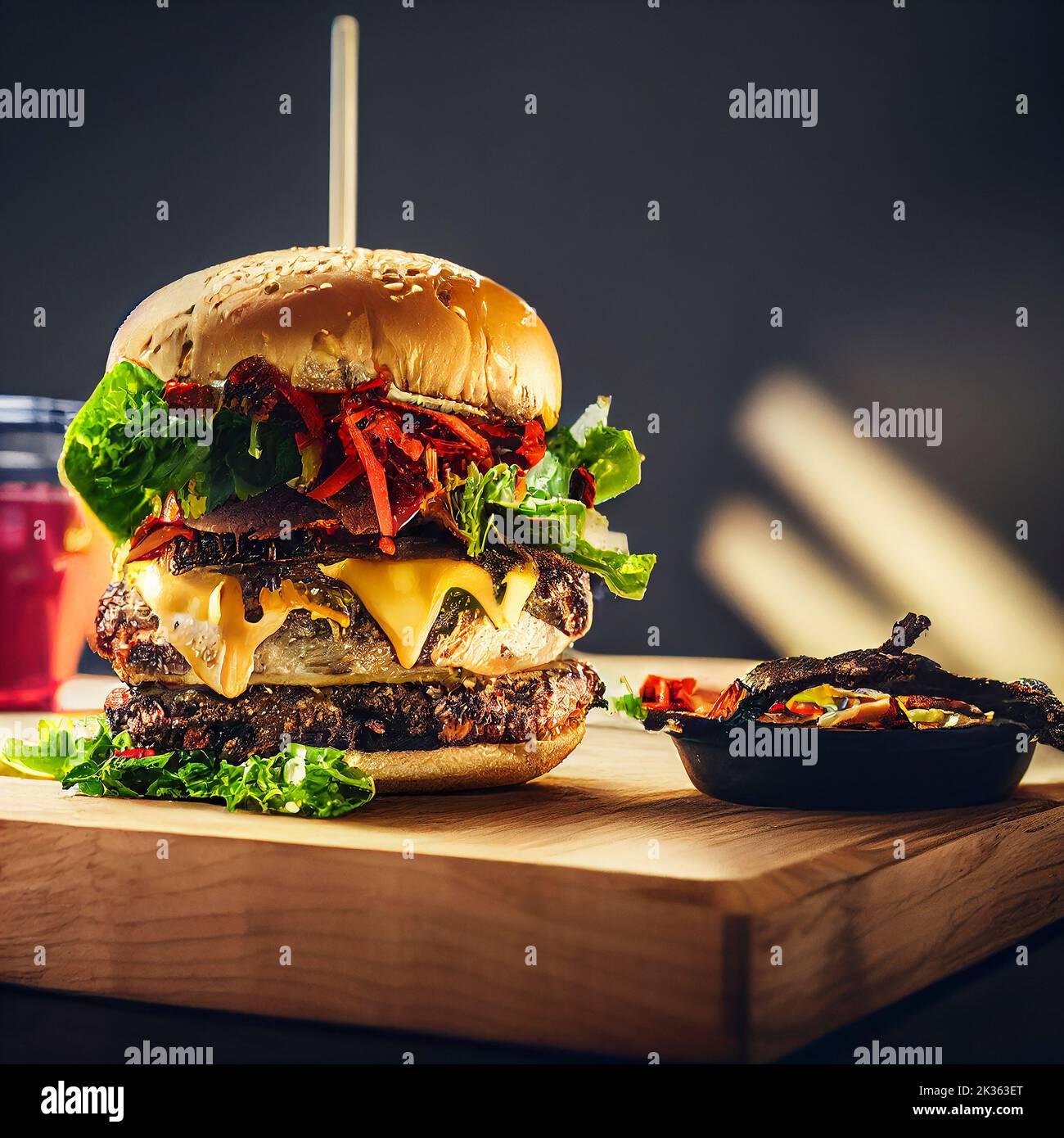 Big American double beef burger on a wooden board with dark background. Cheese, tomato, onion, lettuce, bun, side view, food photography illustration Stock Photo