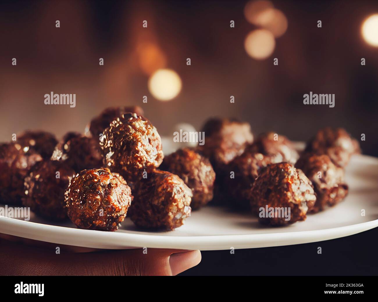 Hands holding a plate with meatballs, selective focus on the meat balls, dark background, food photography and illustration Stock Photo