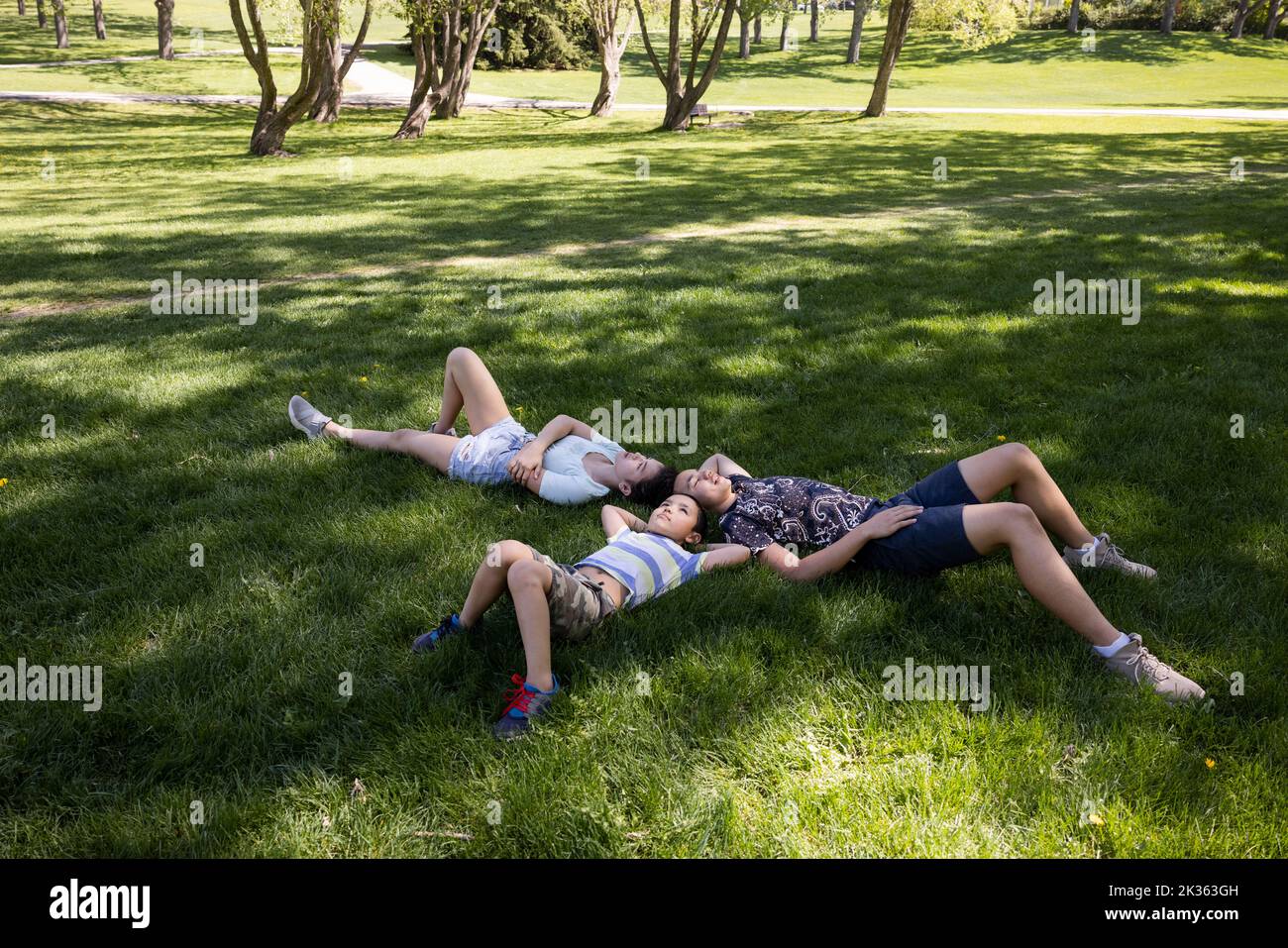 Siblings laying down on grass in park Stock Photo