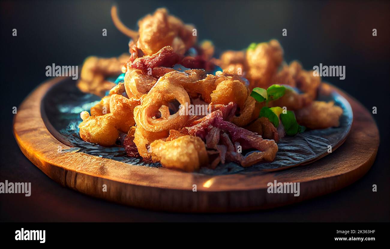 Crispy fried calamari on a rustic board with a black background, food photography and illustration Stock Photo