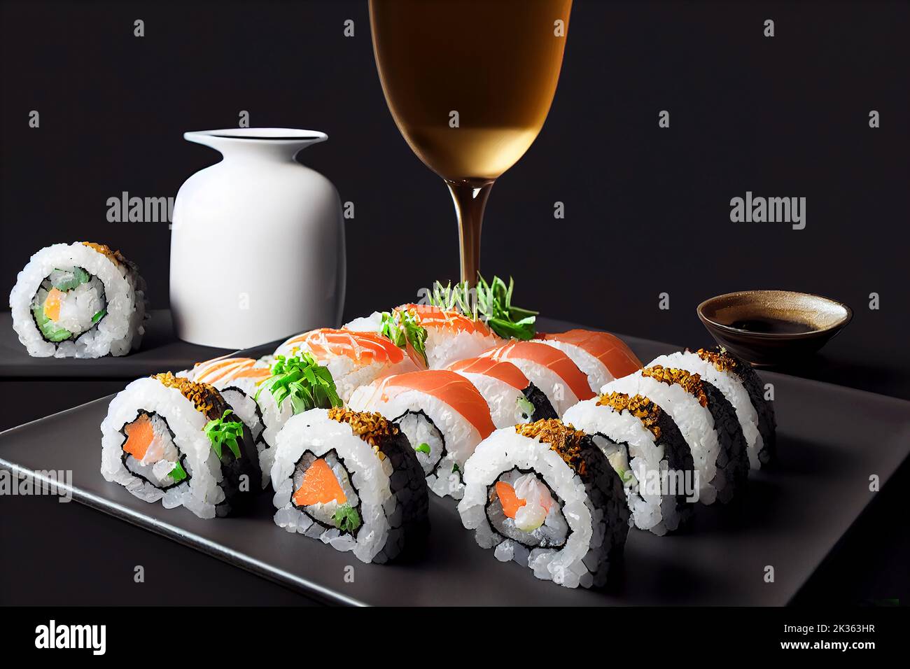 Beautifully plated sushi paired with sake and plum wine, food photography, black background, dramatic lighting, Stock Photo