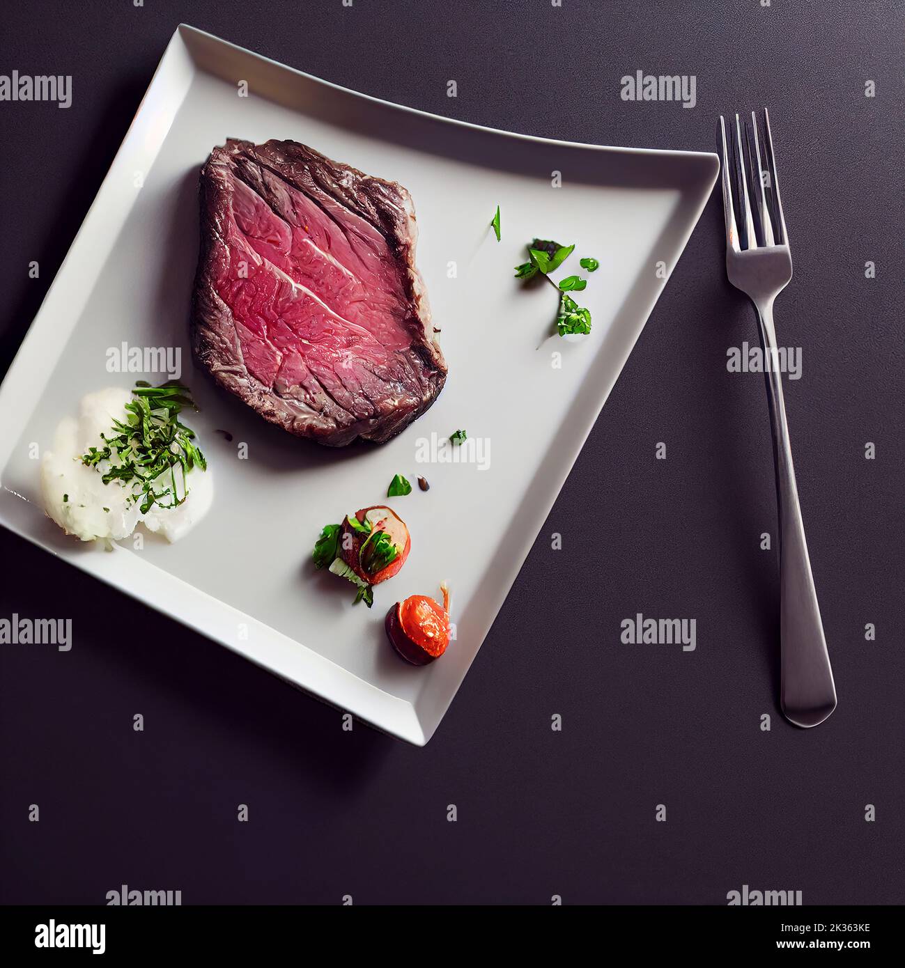 Beautifully plated steak and condiments on black background, flat lay, food photography and illustration Stock Photo