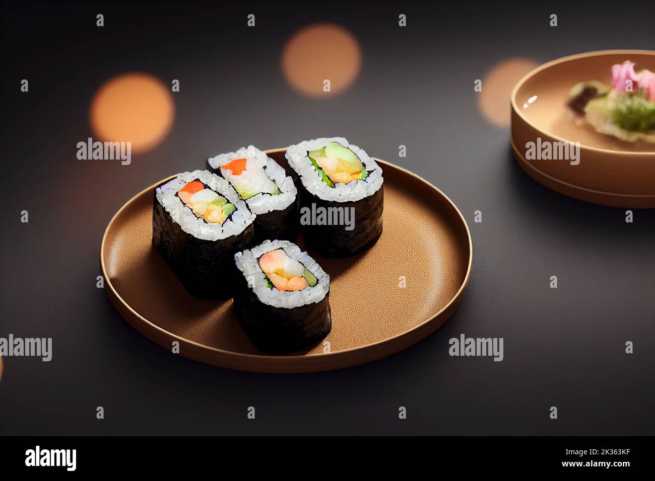 Beautifully plated sushi roll on a black background, dramatic lighting, food photography and illustration Stock Photo