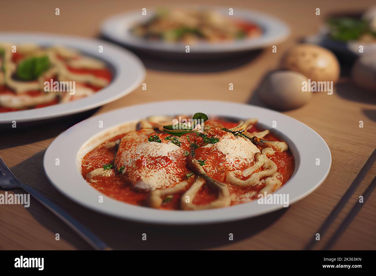 Italian pasta in red tomato sauce with chicken and basil, light background, selective focus, food photography and illustration Stock Photo