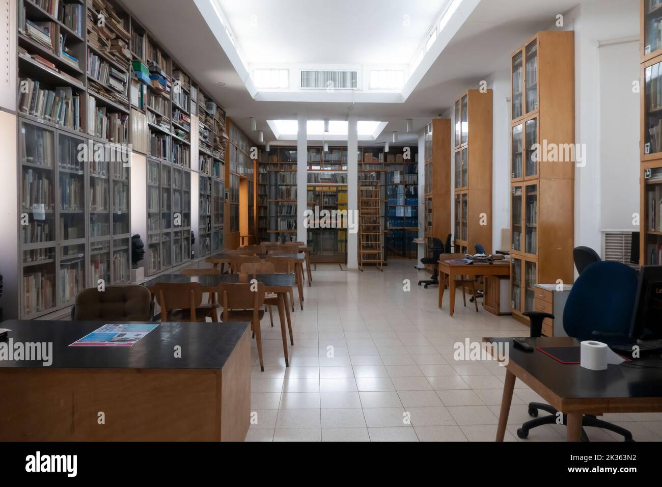 The library inside the Mishkan Museum of Art located on the grounds of Kibbutz Ein Harod Meuhad in Israel. The museum was designed by architect Samuel Bickels, inaugurated in 1948 and was the first rural museum run by a kibbutz. Stock Photo
