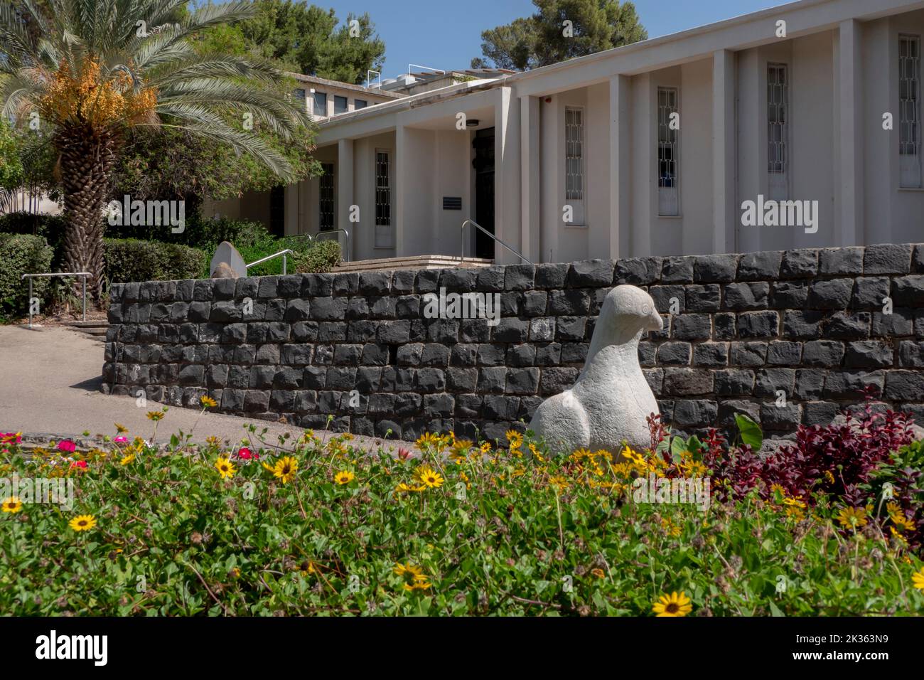 Exterior of Mishkan Museum of Art located on the grounds of Kibbutz Ein Harod Meuhad in Israel. The museum was designed by architect Samuel Bickels, inaugurated in 1948 and was the first rural museum run by a kibbutz. Stock Photo
