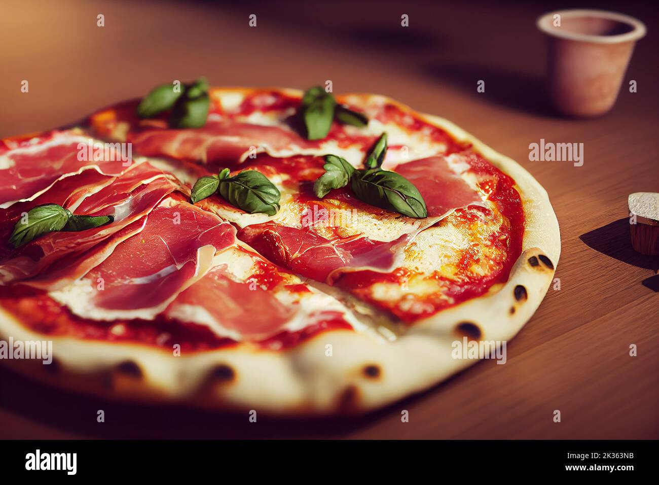 Fresh Homemade Neapolitan Pizza with buffalo mozzarella and with prosciutto, food photography and illustration Stock Photo