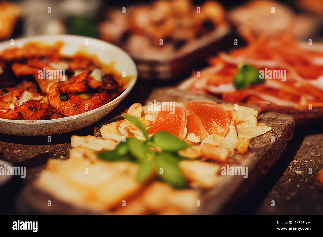 Table with Italian food, charcuterie board with cured meats prosciutto and cheeses, moody lighting, selective focus, food photography and illustration Stock Photo