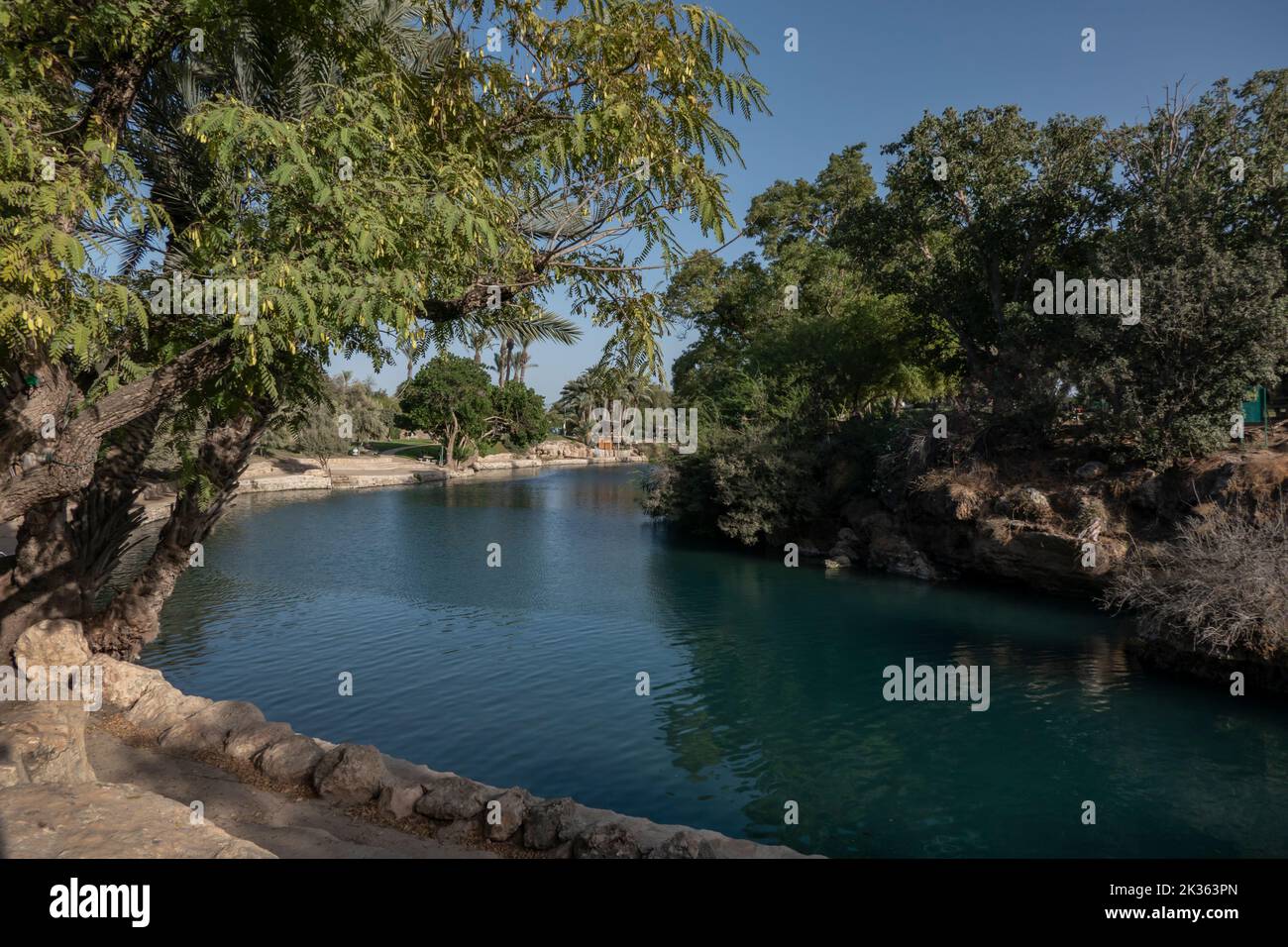View of a natural spring water pool of Amal stream which crosses Gan HaShlosha National Park also known by its Arabic name Sakhne in Israel Stock Photo