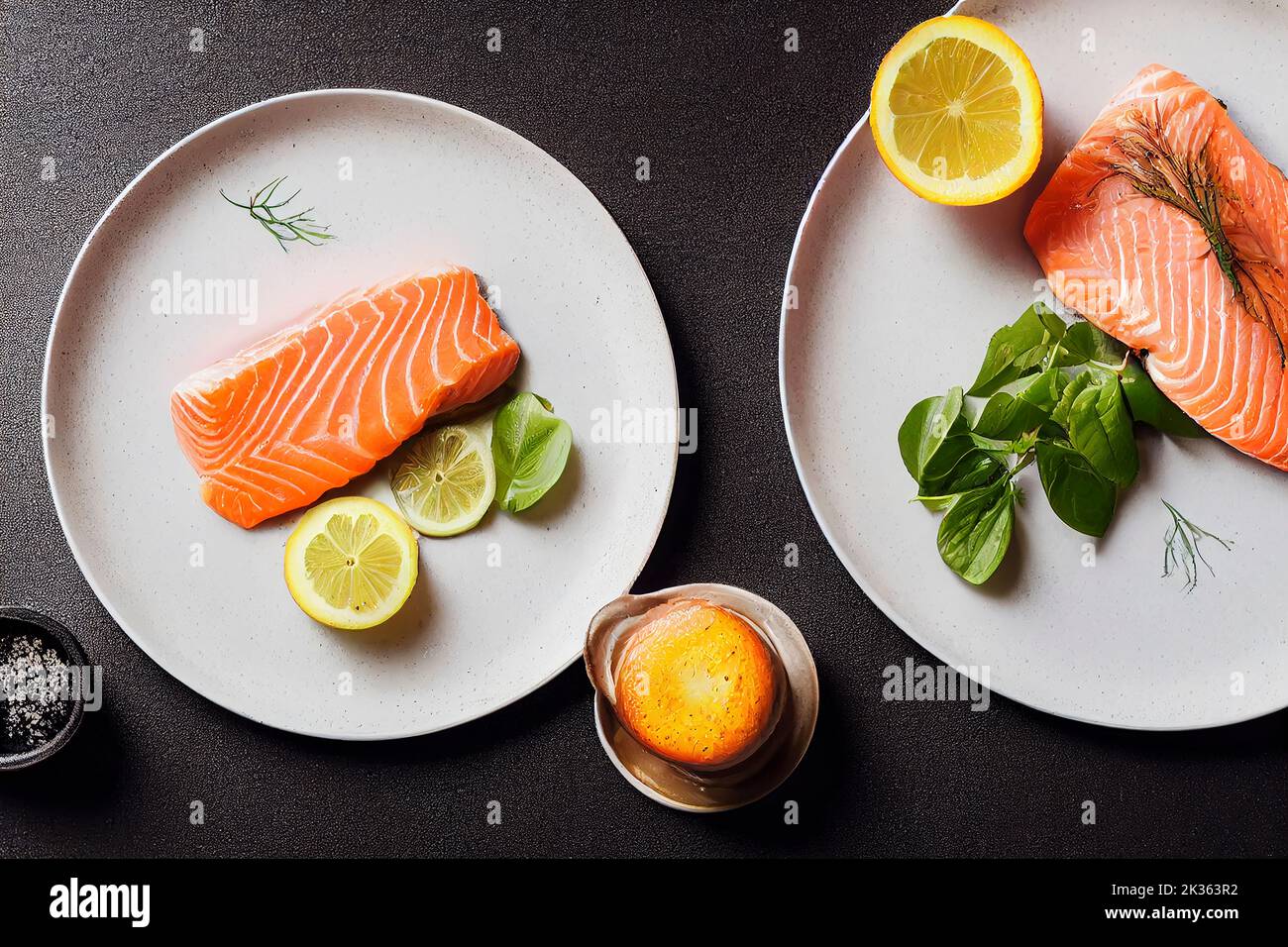 Beautifully plated salmon steak filet, flat lay, top down, food photography, black background, food photography and illustration Stock Photo