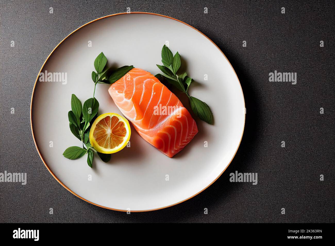 Beautifully plated salmon steak filet, flat lay, top down, food photography, black background, food photography and illustration Stock Photo