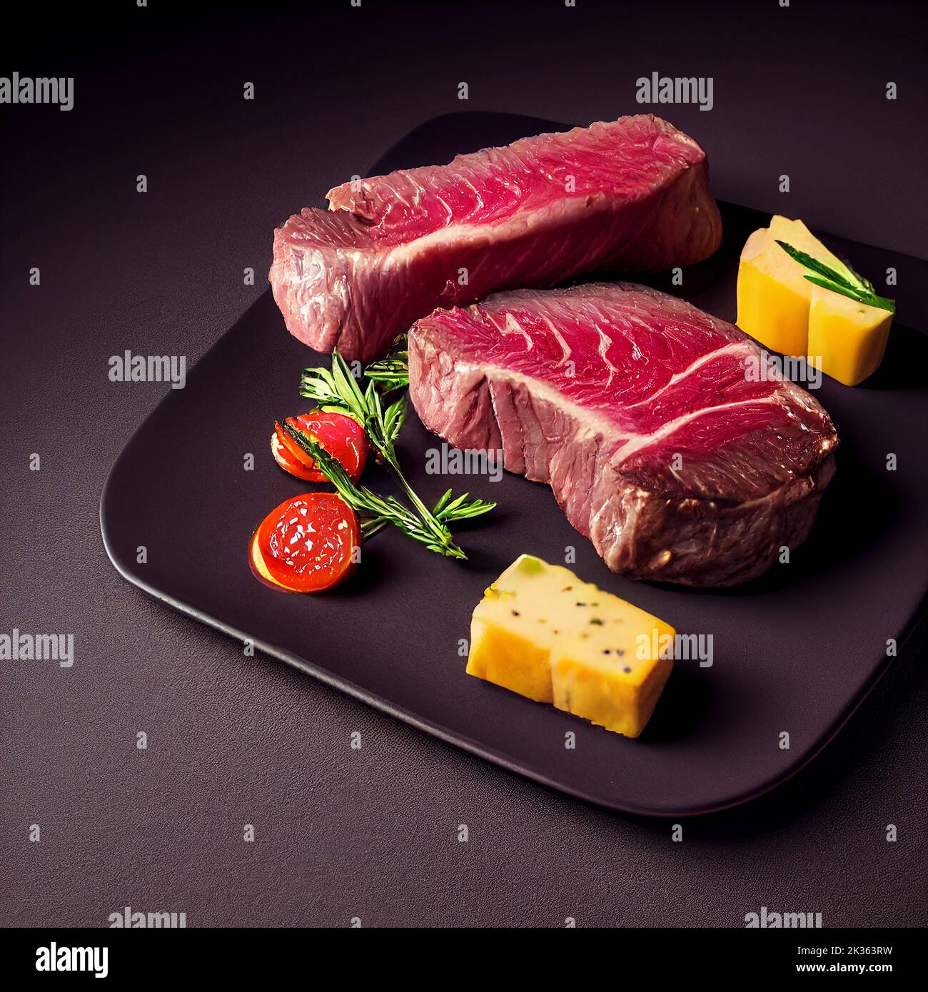 Beautifully plated steak and condiments on black background, flat lay, food photography and illustration Stock Photo