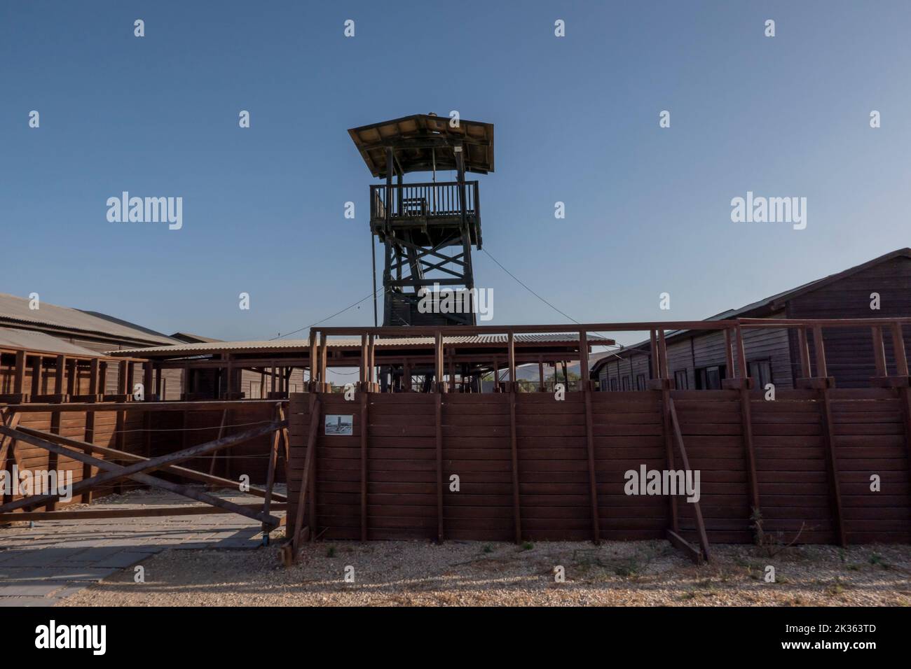 Life size reconstruction structure of Tel Amal, one of the first 'Tower and Stockade' settlements set up by Jewish pioneers during the 1936-39 Arab Revolt located in Gan HaShlosha National Park also known by its Arabic name Sakhne in Israel Stock Photo