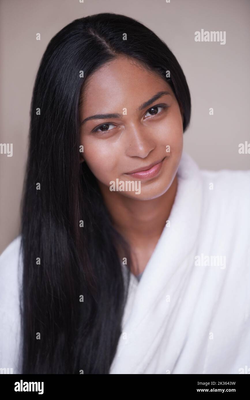 Shes the perfect face for your Beauty Campaign. Studio shot of a beautiful young woman in a bathroom. Stock Photo