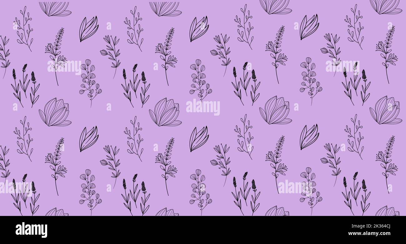 A seamless pattern of flowers and leaves against a purple background ...