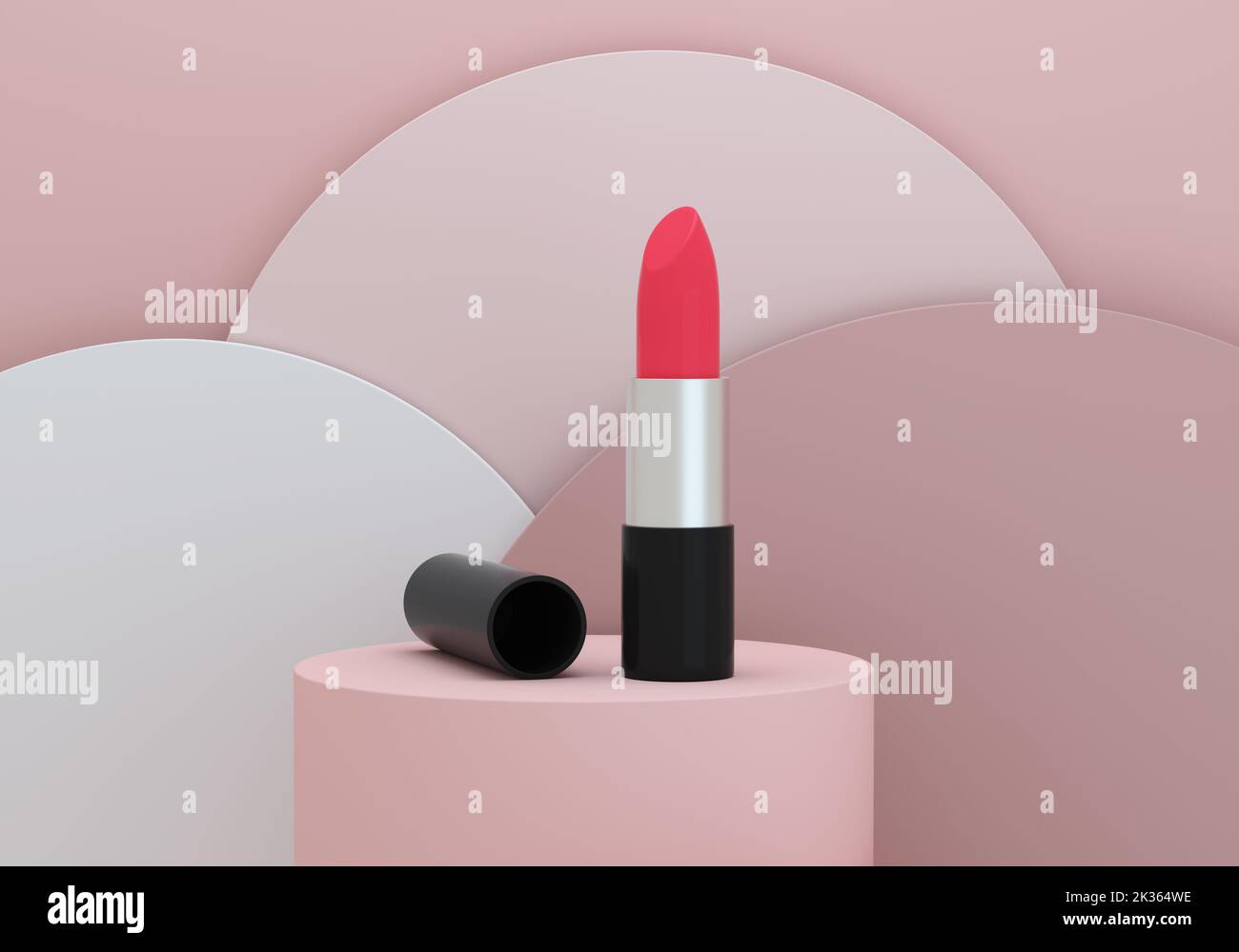 Lipstick on a podium on pink circles background. Beauty concept. 3D rendering. Stock Photo