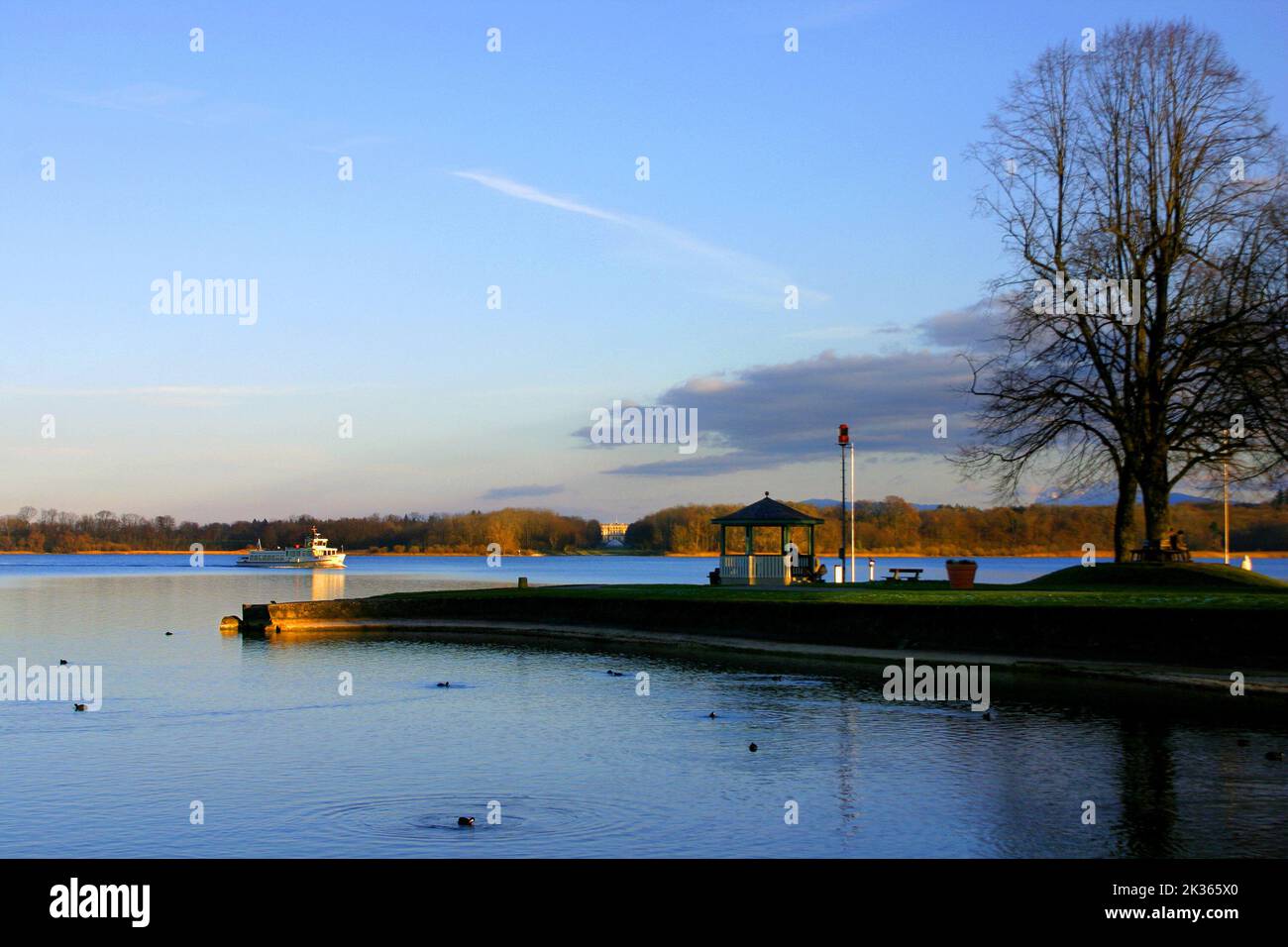 View across the Lake Chiemsee to the Herren island from Stock Peninsular, Chiemsee,  Upper Bavaria,  Germany Stock Photo