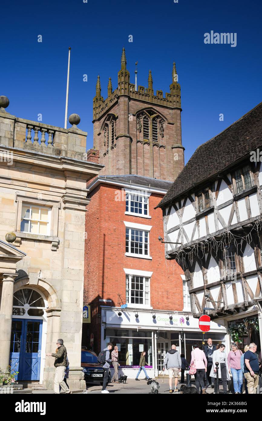 A view of St Lawrence's Church and surrounding buildings in Ludlow, Shropshire, UK from Street level Stock Photo