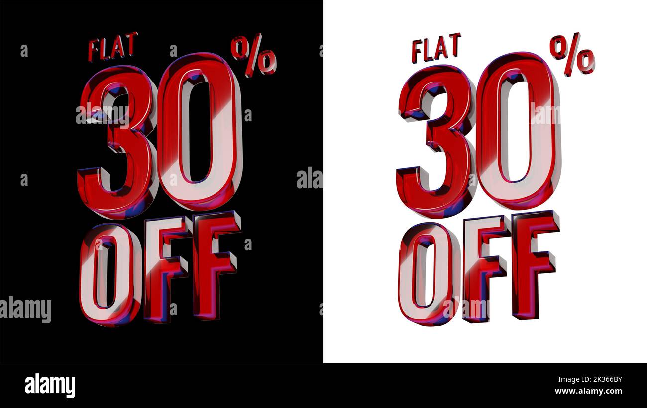 FLAT 30 OFF. 3D Glossy Red Glass text animation, in Black and White