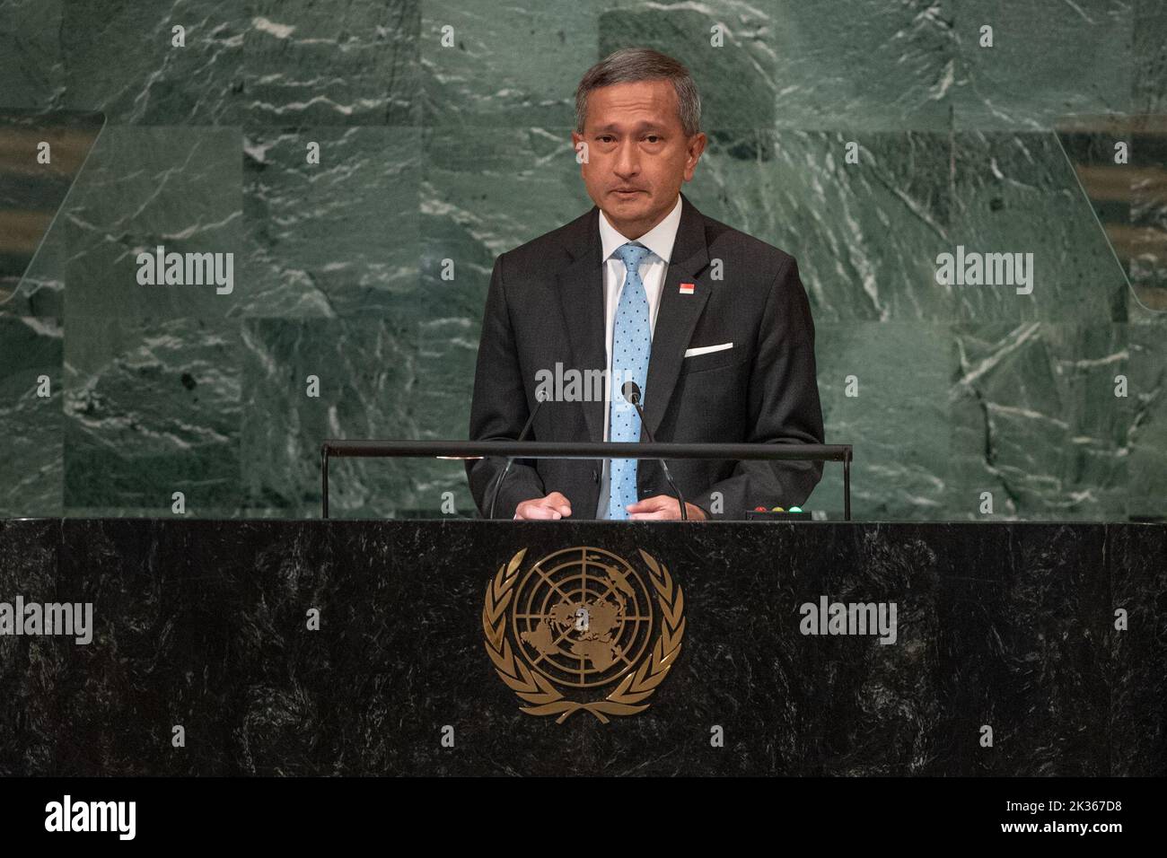 (220925) -- UNITED NATIONS, Sept. 25, 2022 (Xinhua) -- Singaporean Foreign Minister Vivian Balakrishnan speaks during the General Debate of the 77th session of the UN General Assembly at the UN headquarters in New York, on Sept. 24, 2022. TO GO WITH 'Singapore FM asks to uphold multilateral system amid unprecedented challenges' (Cia Pak/UN Photo/Handout via Xinhua) Stock Photo