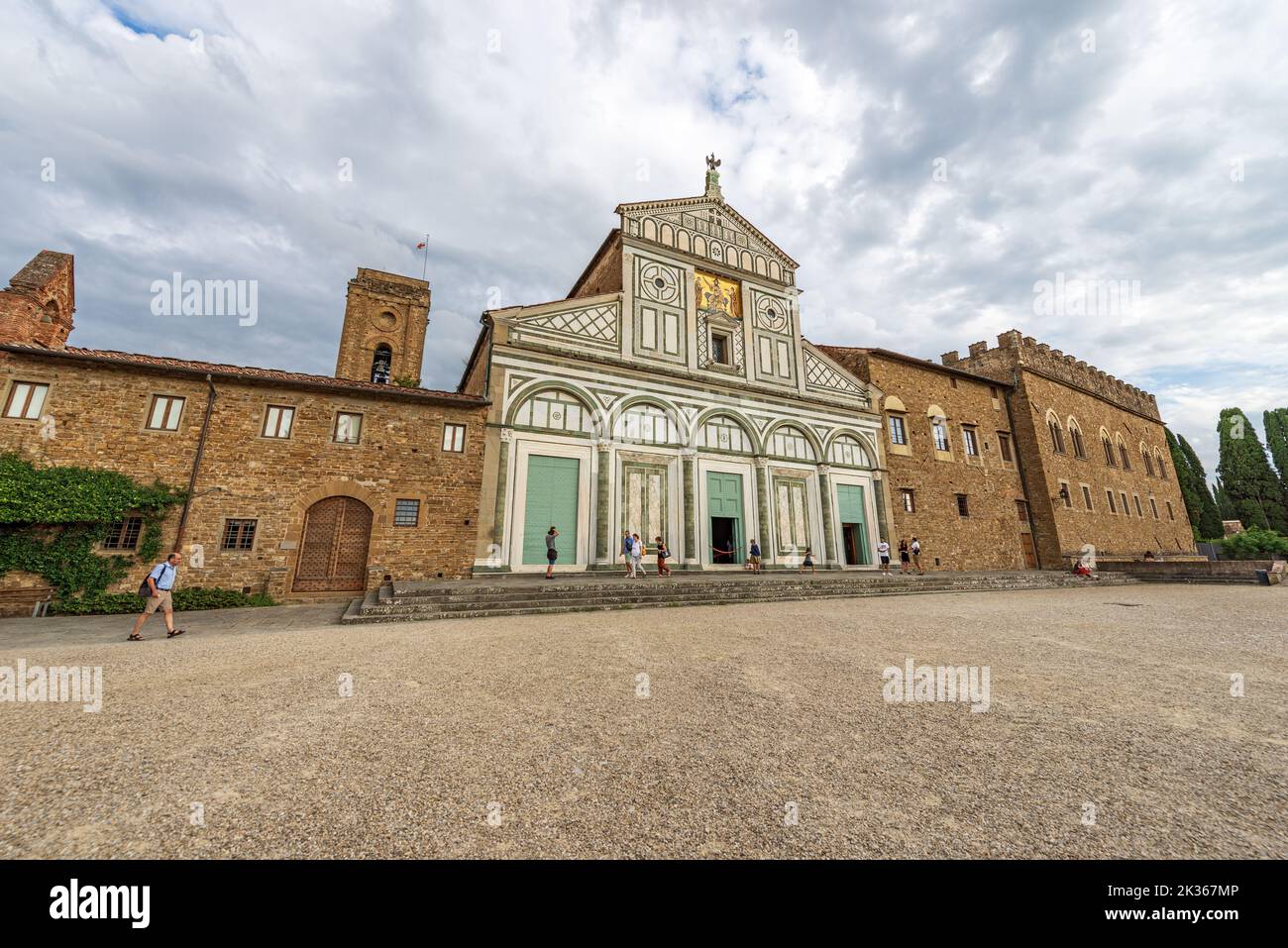The main facade of the famous Basilica of San Miniato al Monte in Florentine Romanesque style (1013 - XII century). Tuscany, Italy, Europe. Stock Photo