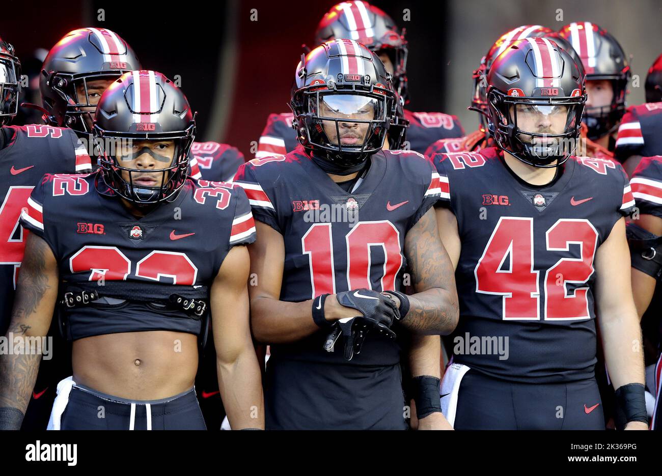 Columbus, United States. 24th Sep, 2022. Ohio State Buckeyes TreVoyn Henderson (32), Xavier Johnson (10) and Bradley Robinson (42) prepare to take the field against the Wisconsin Badgers in Columbus, Ohio on Saturday, September 24, 2022. Photo by Aaron Josefczyk/UPI Credit: UPI/Alamy Live News Stock Photo