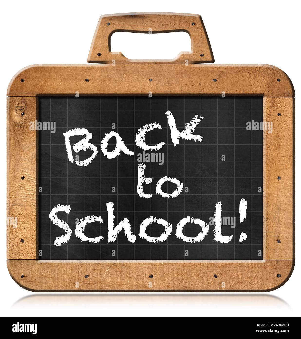 Back To School, blackboard with wood rectangular frame and nails in the shape of a briefcase with handle and chalk text, isolated on white background. Stock Photo