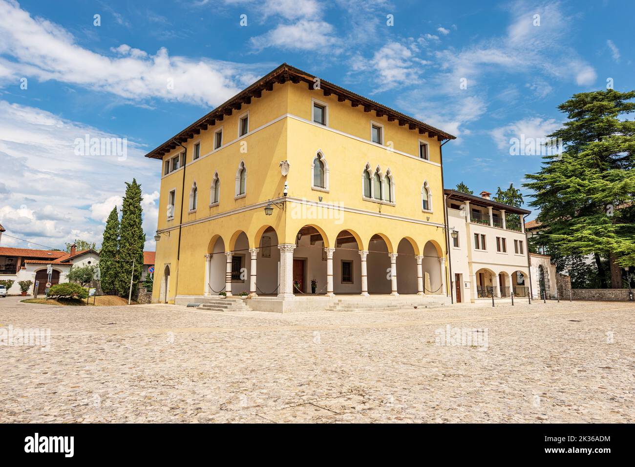 Spilimbergo. Ancient palace called La Loggia or La Pergola, XIV century, in Venetian style. Cathedral square, Pordenone, Friuli-Venezia Giulia, Italy. Stock Photo