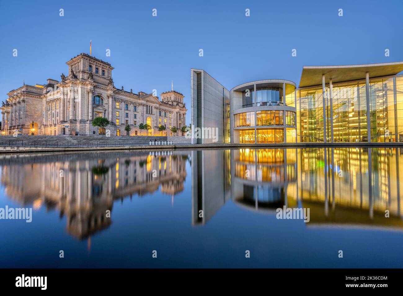The Reichstag and part of the Paul-Loebe-Haus at the river Spree in Berlin at twilight Stock Photo