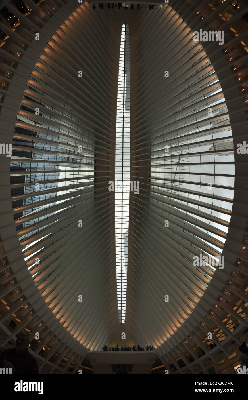 A vertical shot of the roof construction of the Oculus shopping center ...