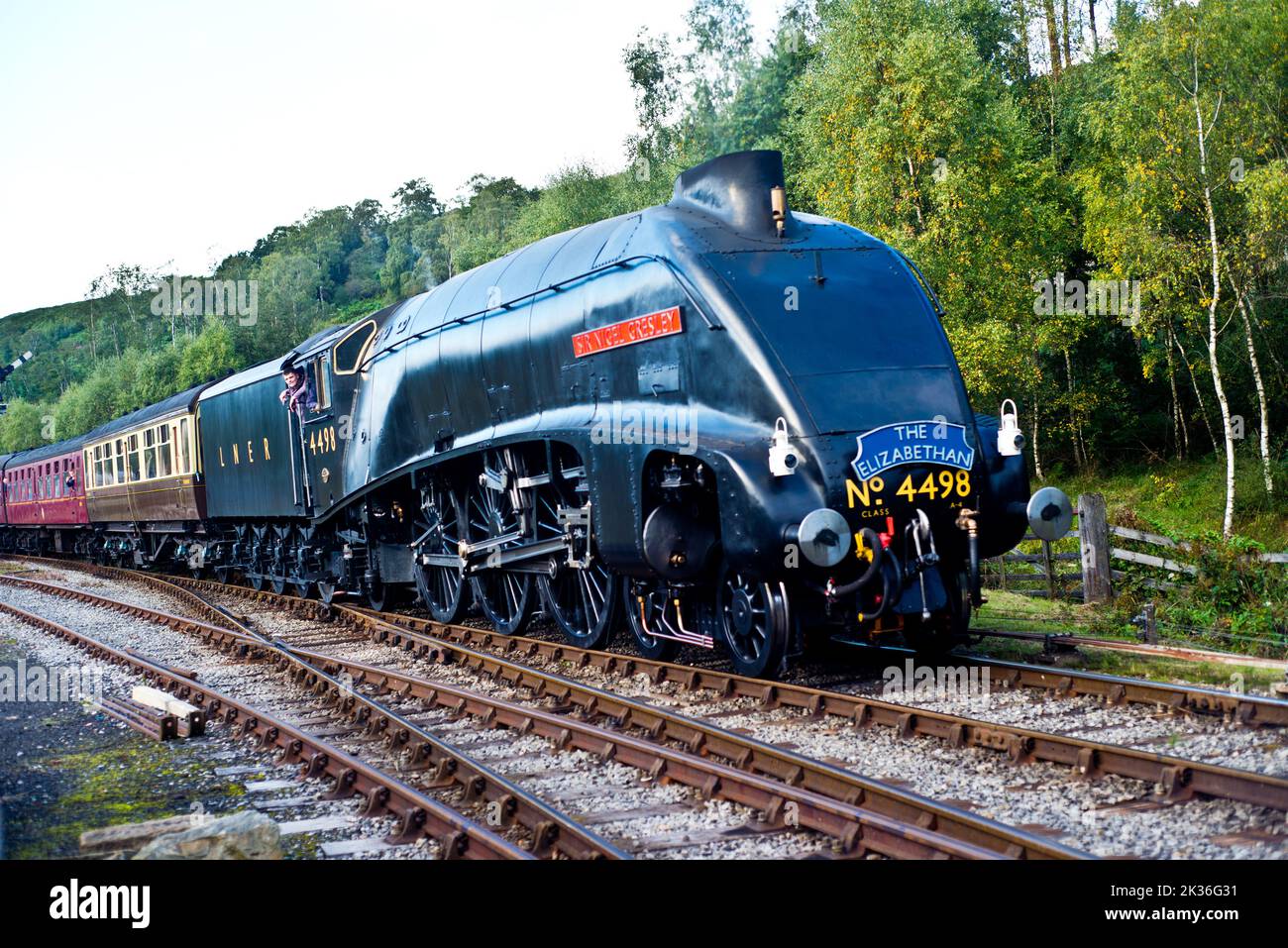 A4 Pacific no 4498 Sir Nigel Gresley in wartime black livery at Levisham, North Yorkshire Moors Railway, England Stock Photo