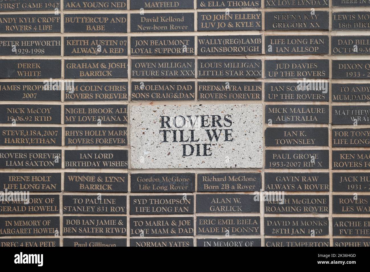 Doncaster Rovers supporters names are seen on a memorial wall outside the  Eco-Power Stadium before the EFL League Two match between Doncaster Rovers and Crawley Town. 24th September 2022 Stock Photo