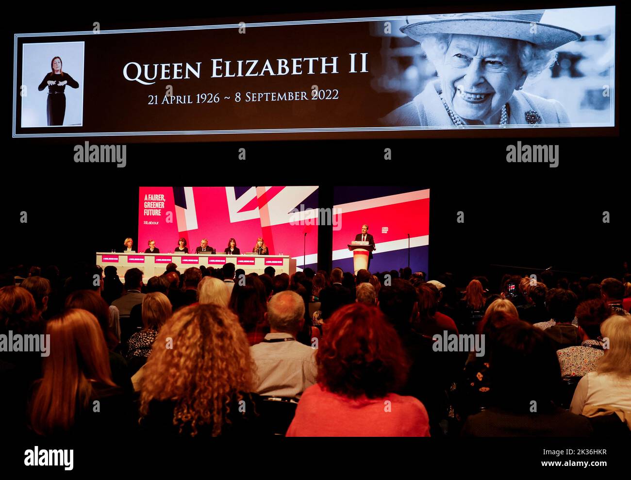 Members of the Britain's Labour Party stand during the tribute to Britain's Queen Elizabeth at Britain's Labour Party's annual conference in Liverpool, Britain, September 25, 2022. REUTERS/Phil Noble Stock Photo