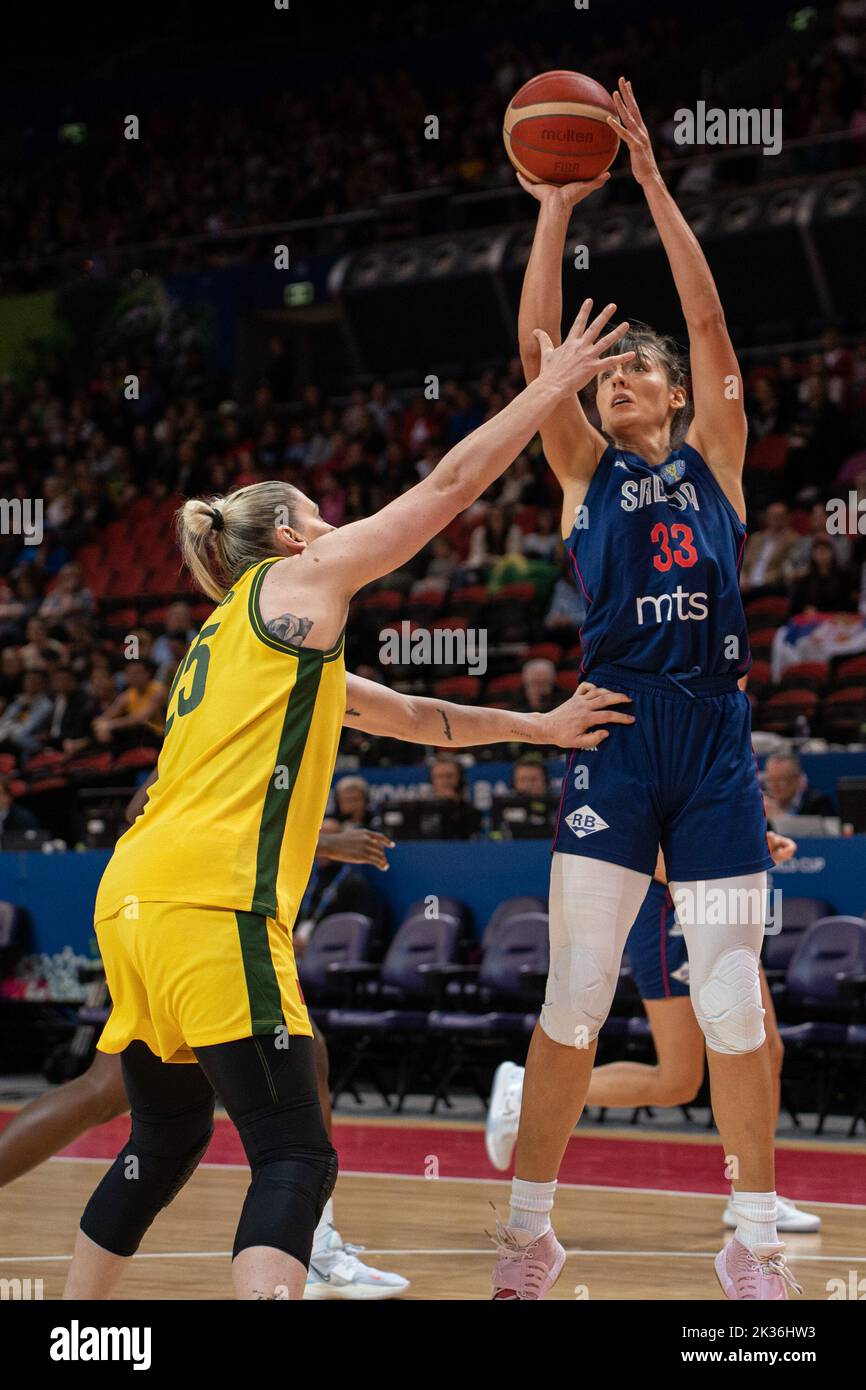Sydney, Australia. 25th Sep, 2022. Tina Krajisnik (33 Serbia) takes a shot defended by Lauren Jackson (25 Australia) during the FIBA Womens World Cup 2022 game between Australia and Serbia at the Sydney Superdome in Sydney, Australia. (Foto: Noe Llamas/Sports Press Photo/C - ONE HOUR DEADLINE - ONLY ACTIVATE FTP IF IMAGES LESS THAN ONE HOUR OLD - Alamy) Credit: SPP Sport Press Photo. /Alamy Live News Stock Photo