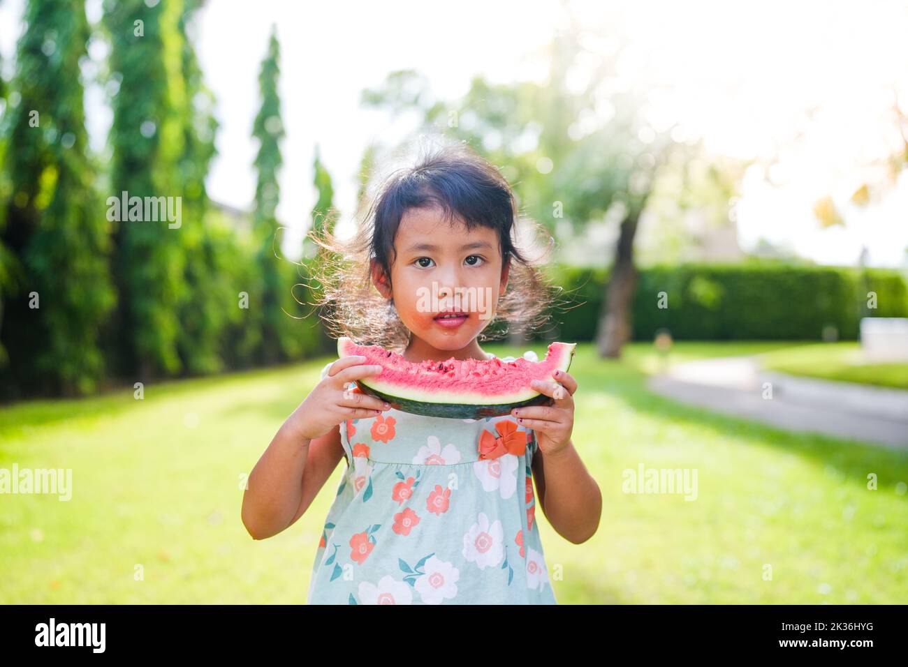 A cute little Southeast Asian girl eating a watermelon in a park Stock Photo