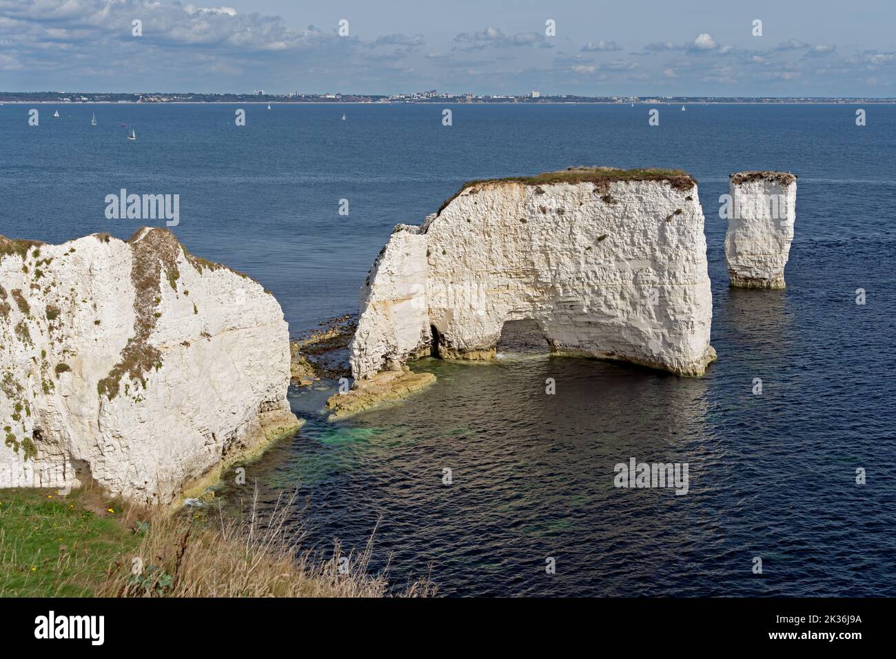 View of Old Harry Rocks at Handfast Point, on the Isle of Purbeck in Dorset Stock Photo
