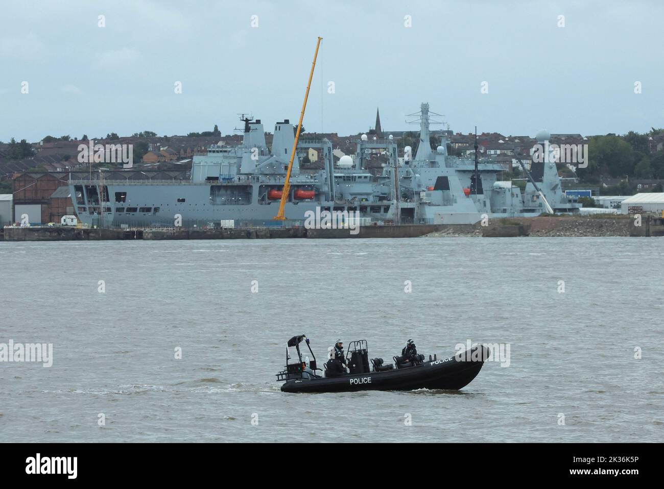 A security boat patrols the river Mersey outside the venue of Britain's Labour Party's annual conference in Liverpool, Britain, September 25, 2022. REUTERS/Phil Noble Stock Photo